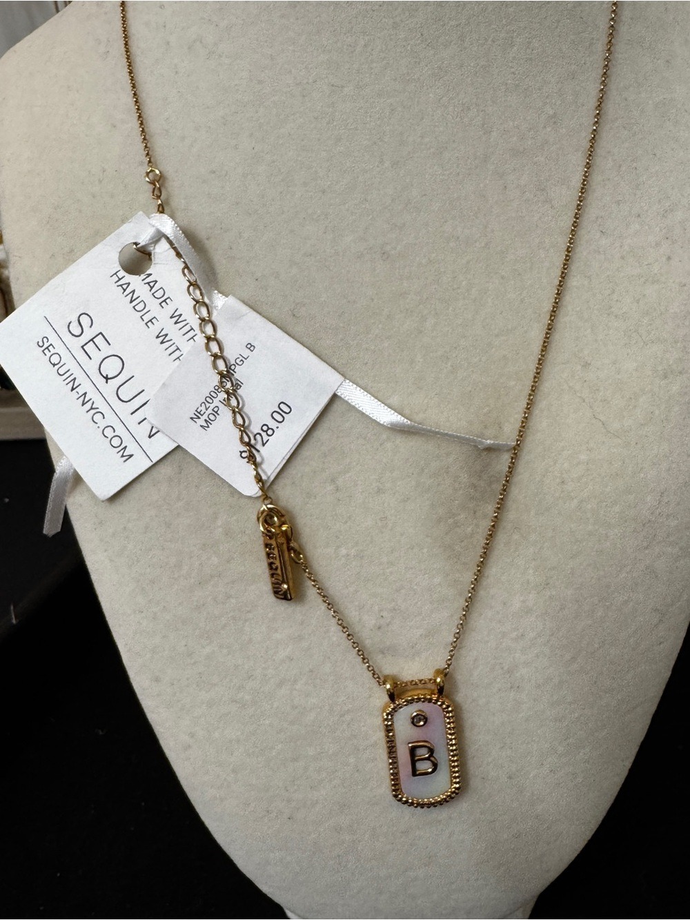 Mother of pearl Gold  'B' Pendant Necklace by sequin ny
